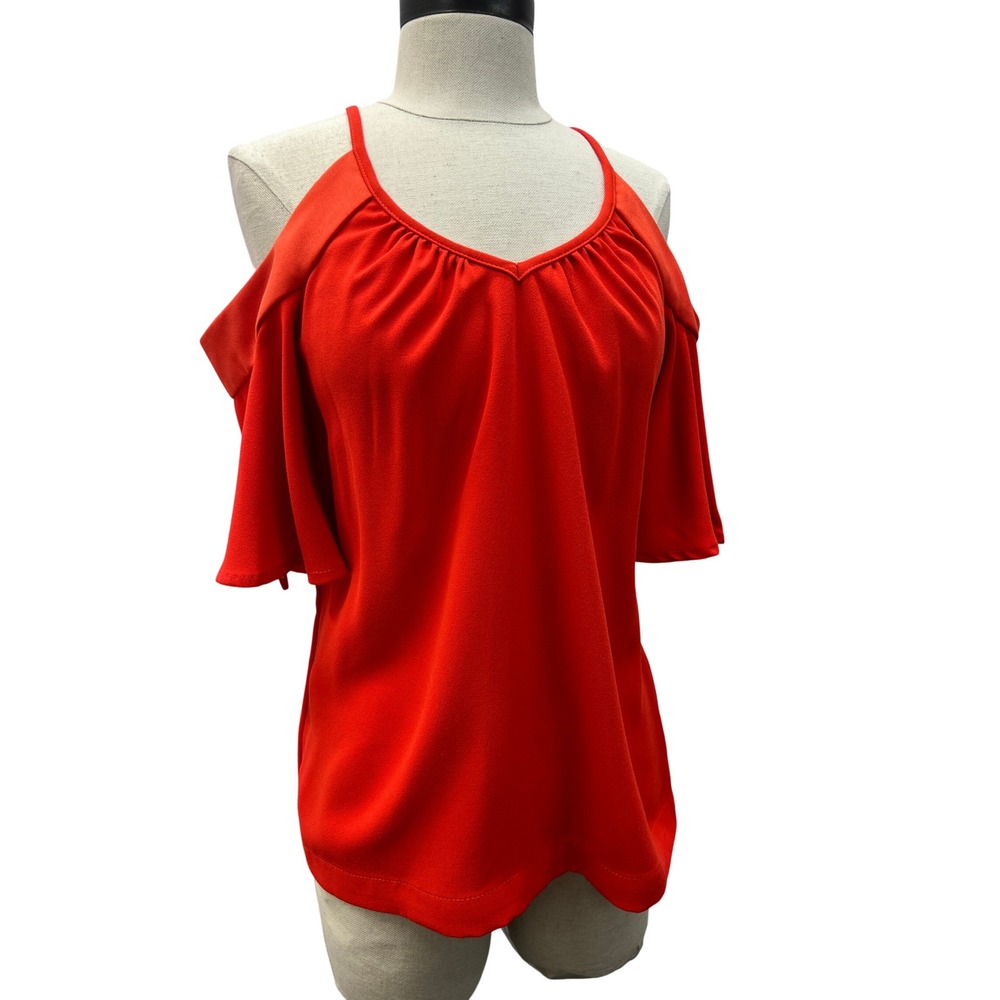 Trina Turk Cold Shoulder Blouse Womens XS Red Excellent Flutter Sleeve Halter